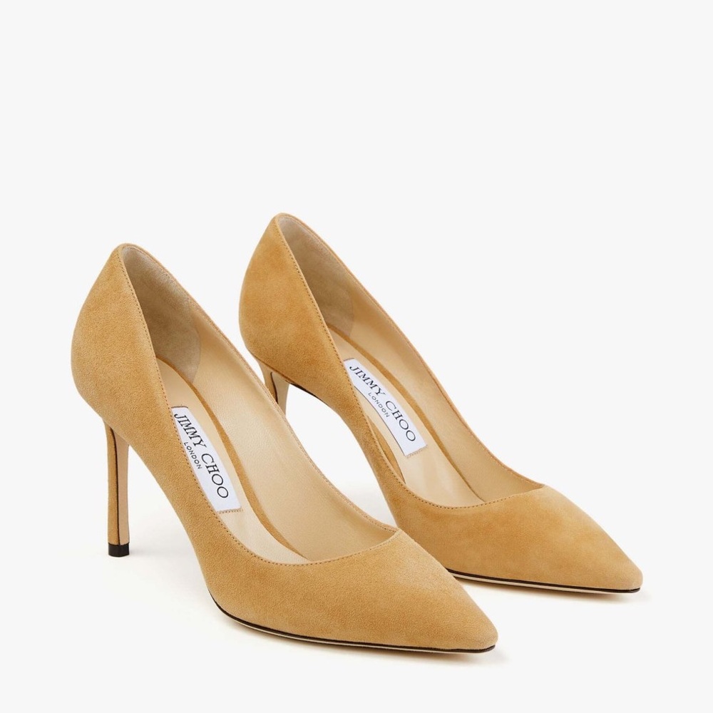 Jimmy Choo Romy 85 Suede Pointed-Toe Pumps, Caramel, Size EU 38.5/US 7.5